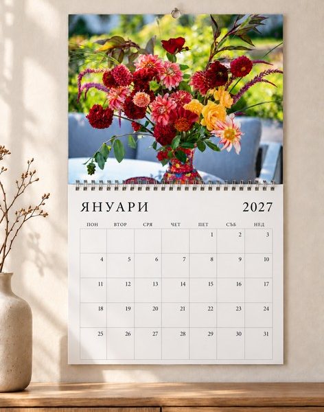 Страница от календар „Букети от градината 2027“ с месец януари