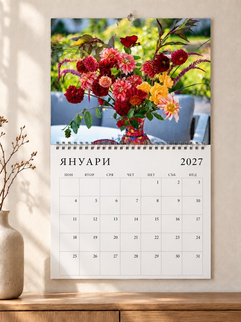 Януари 2027 – календар „Букети от градината“ Страница от календар „Букети от градината 2027“ с месец януари