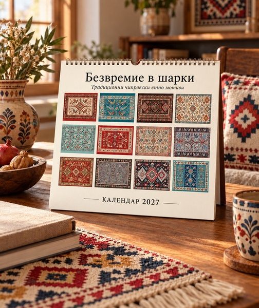 Календар 2027 „Безвремие в шарки“ с колаж от чипровски етно мотиви, опакован като подарък.